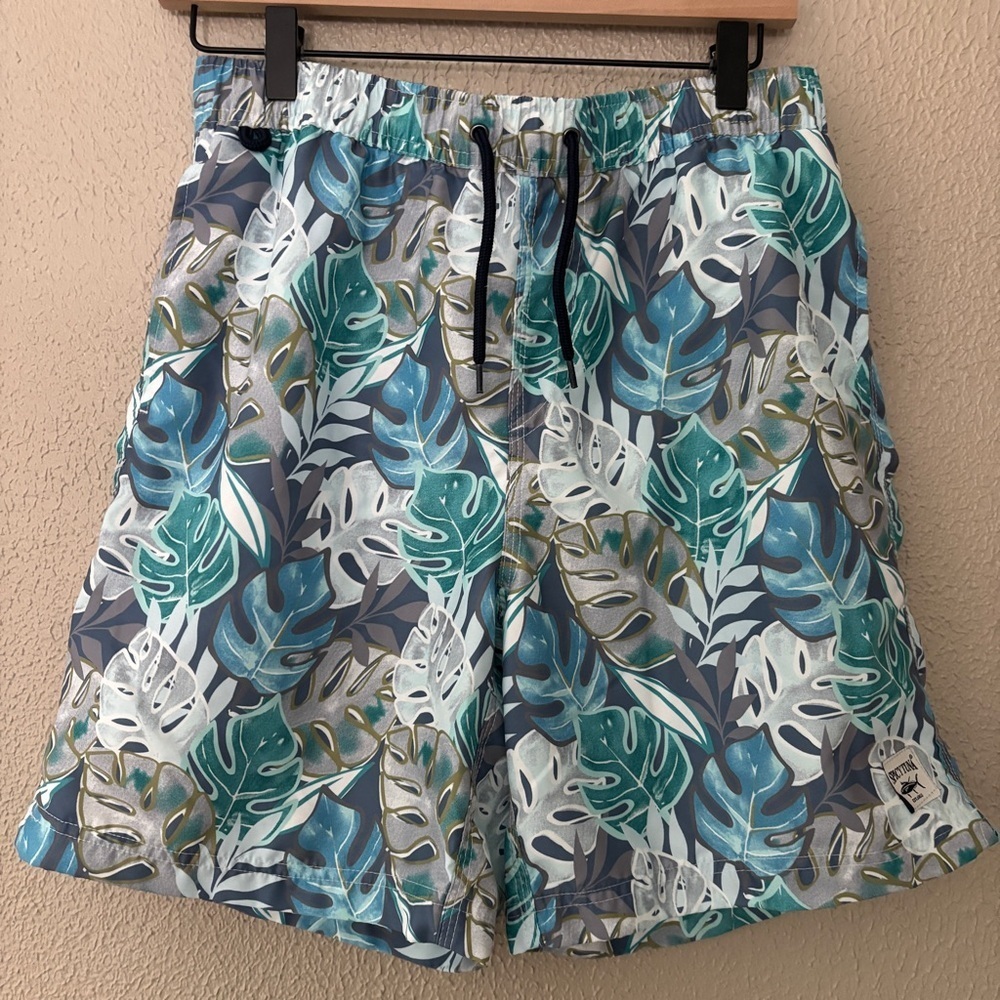 Men’s Spicy Tuna Palm Leaf Swim Trunk, Medium, Blue/Green/White Preppy